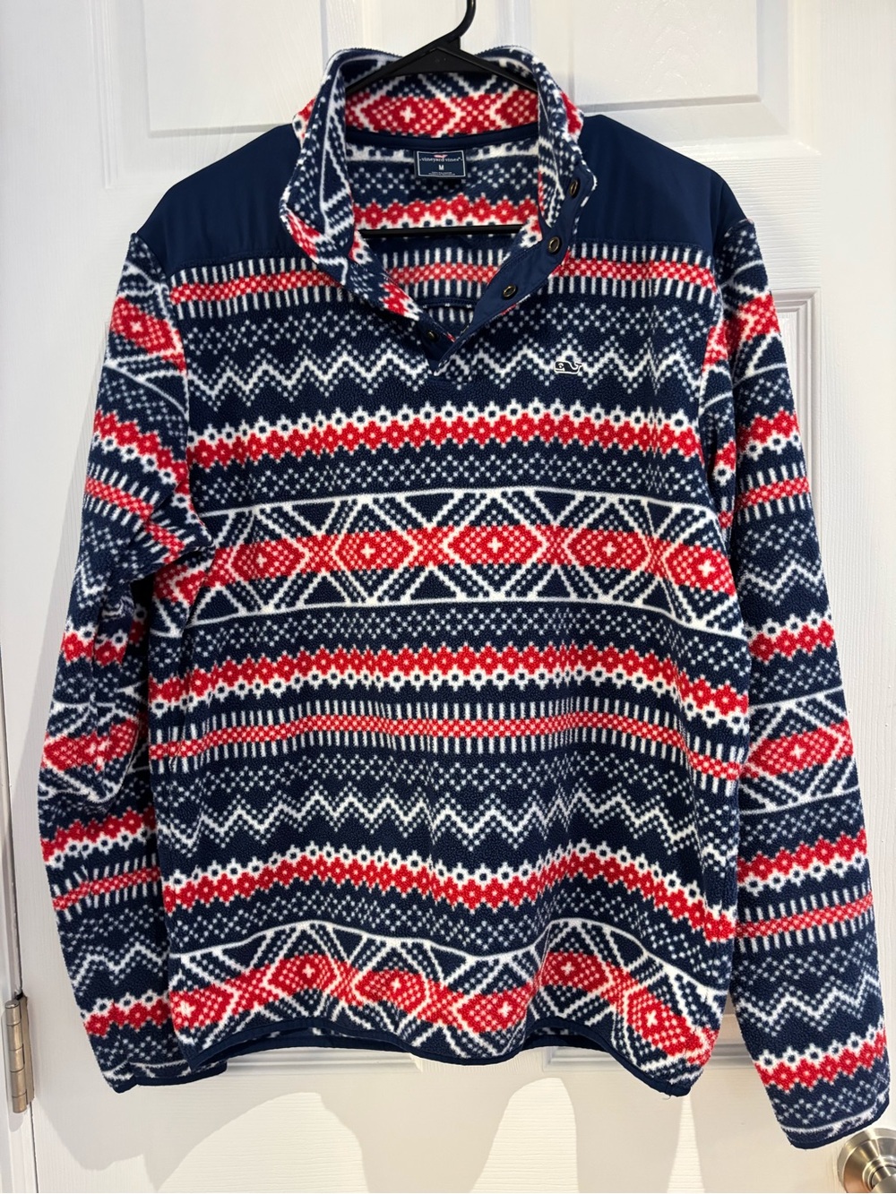 Vineyard Vines Navy Red White Patterned Fleece Pullover Hoodie